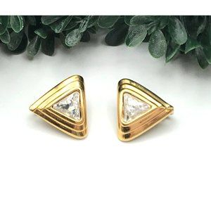 Vintage clip on earring gold tone triangle clear Swarovski crystal by SAL